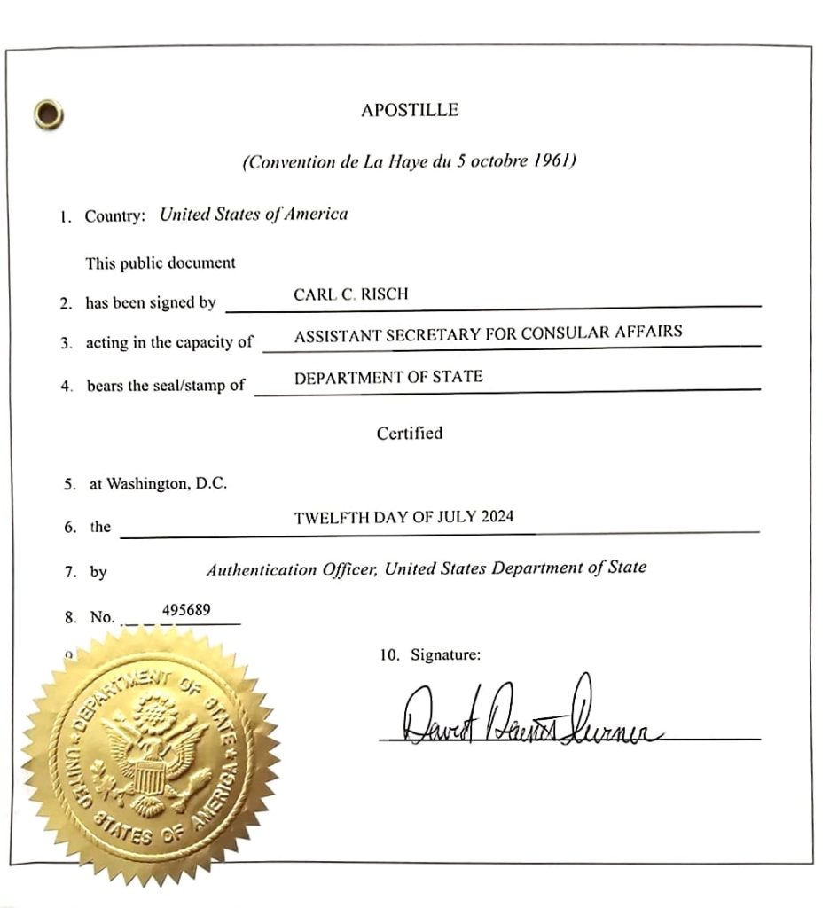 US Apostille in Denmark Sample