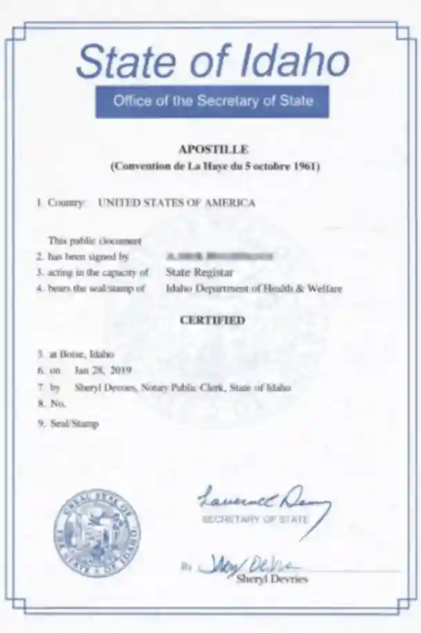 State of Idaho Apostille Sample