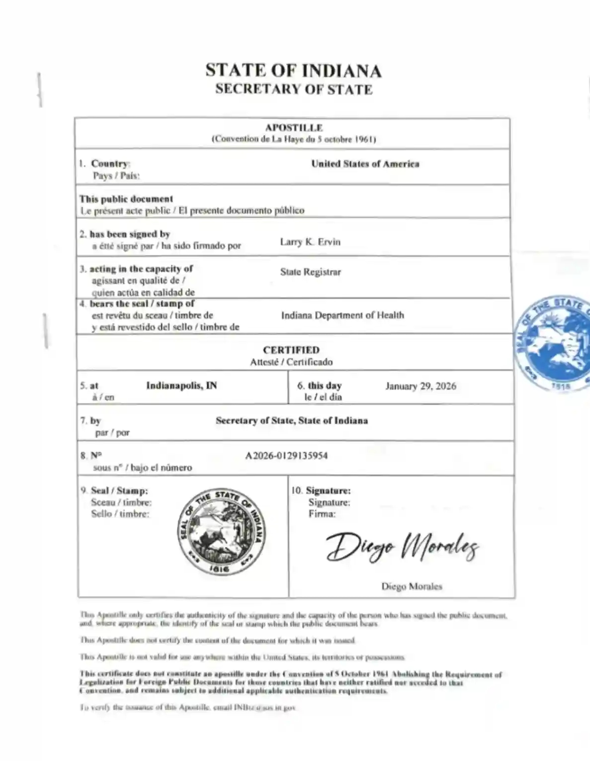 State of Indiana Apostille Sample