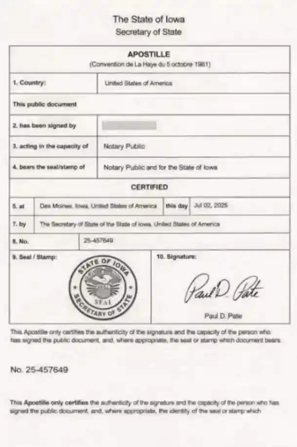State of Iowa Apostille Sample