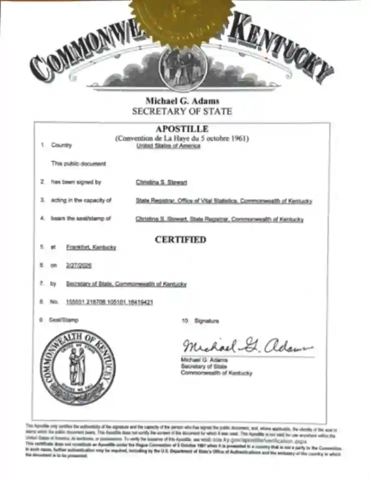 State of Kentucky Apostille Sample
