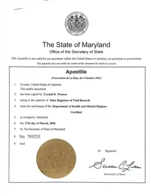 State of Maryland Apostille Sample
