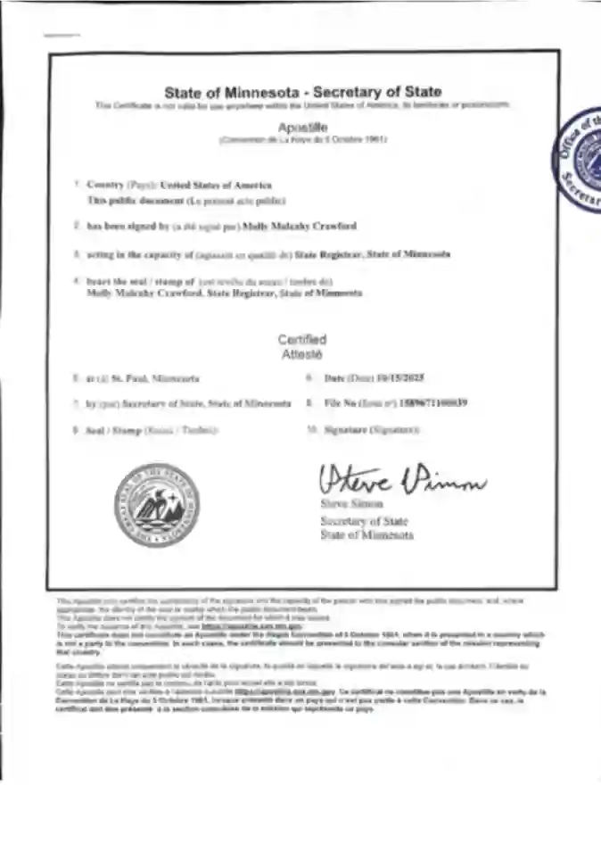 State of Minnesota Apostille Sample