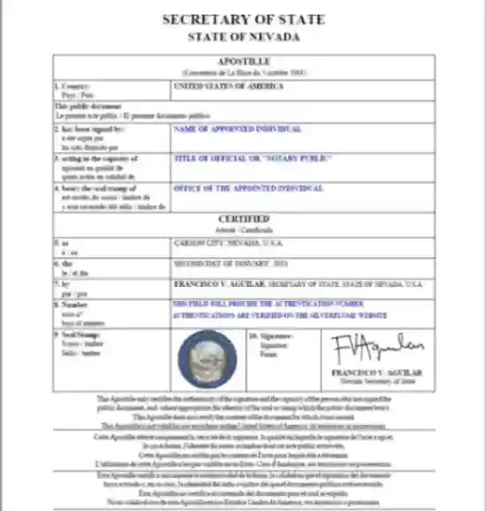 State of Nevada Apostille Sample