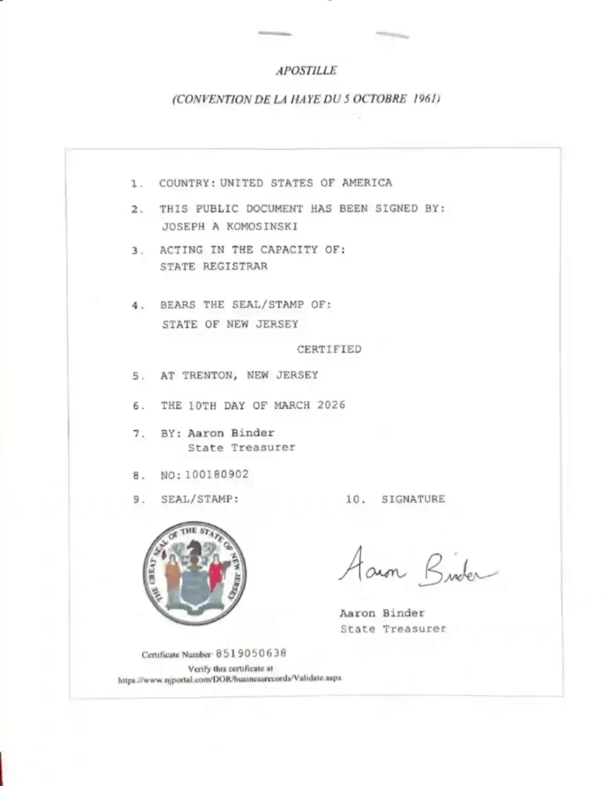 State of New Jersey Apostille Sample