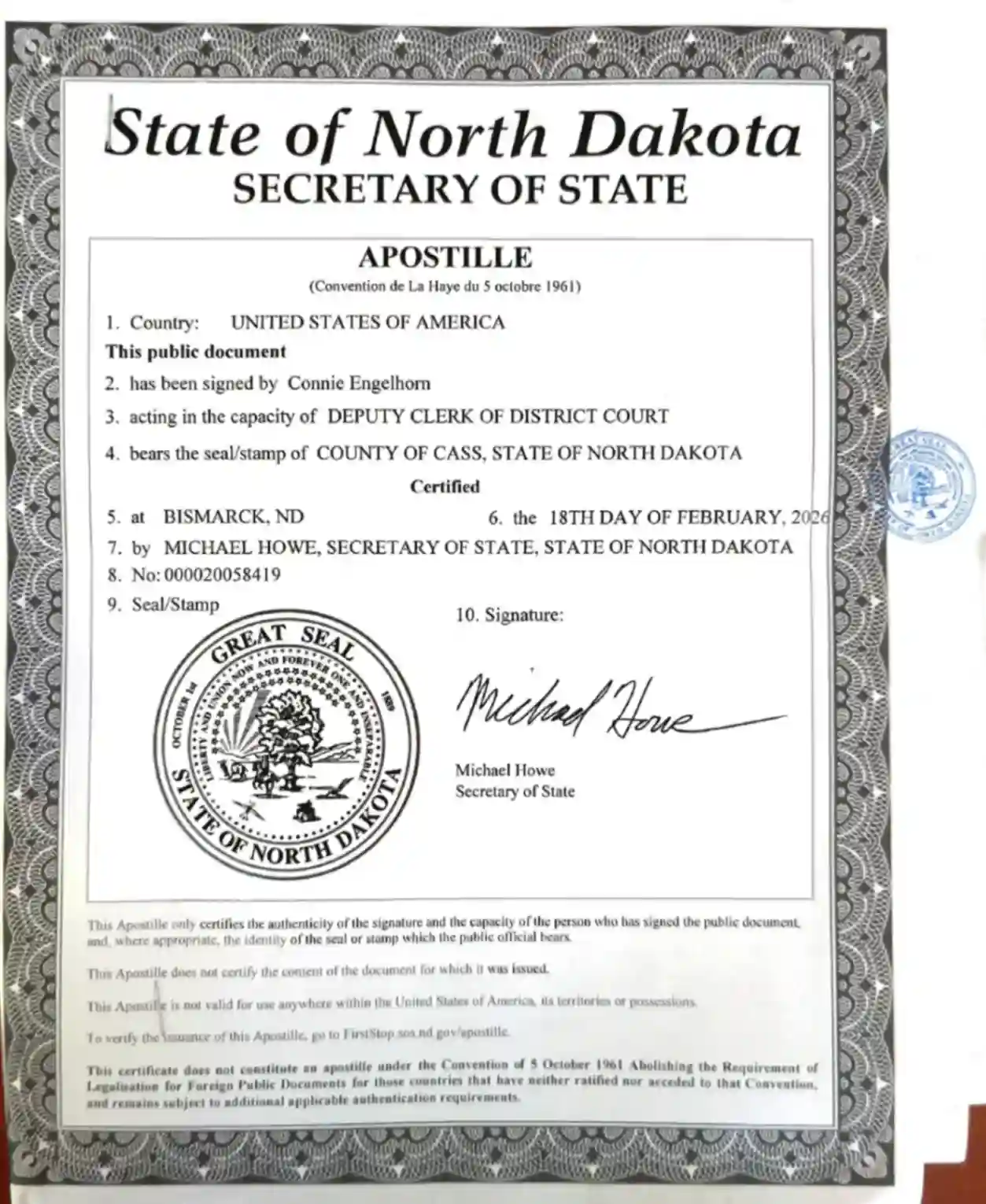 State of North Dakota Apostille Sample