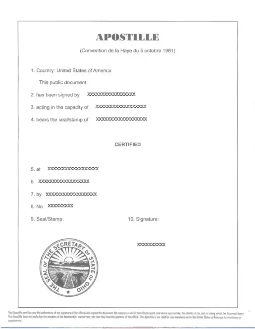 State of Ohio Apostille Sample