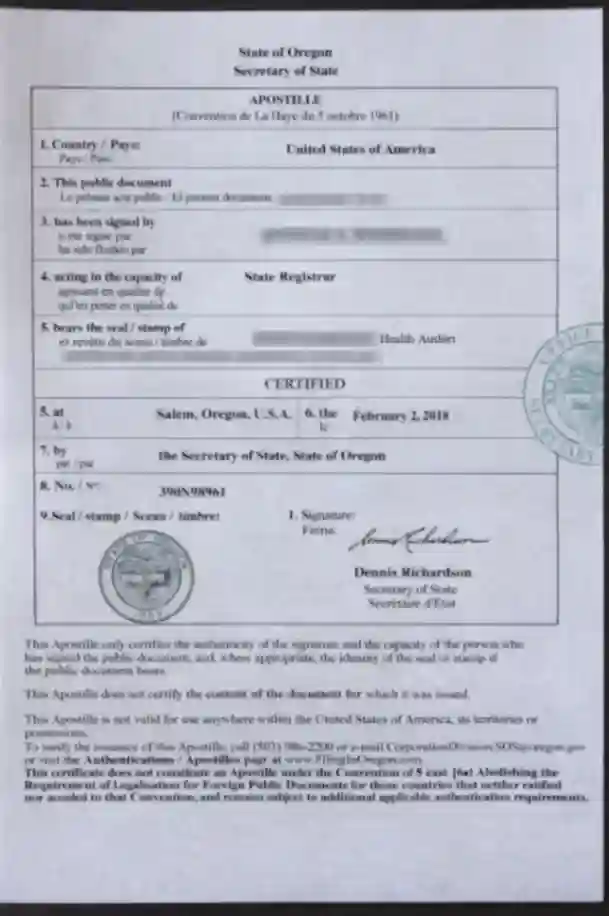 State of Oregon Apostille Sample