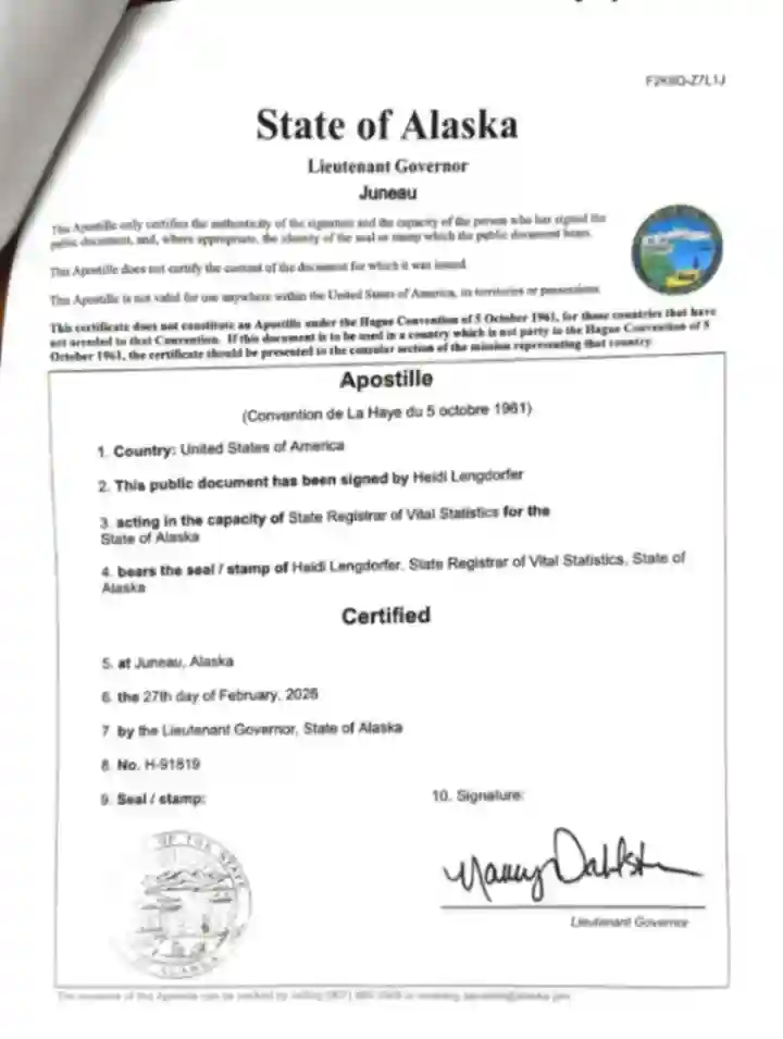 Alaska Degree Certificate Apostille Sample