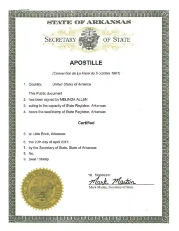 Arkansas Degree Certificate Apostille Sample