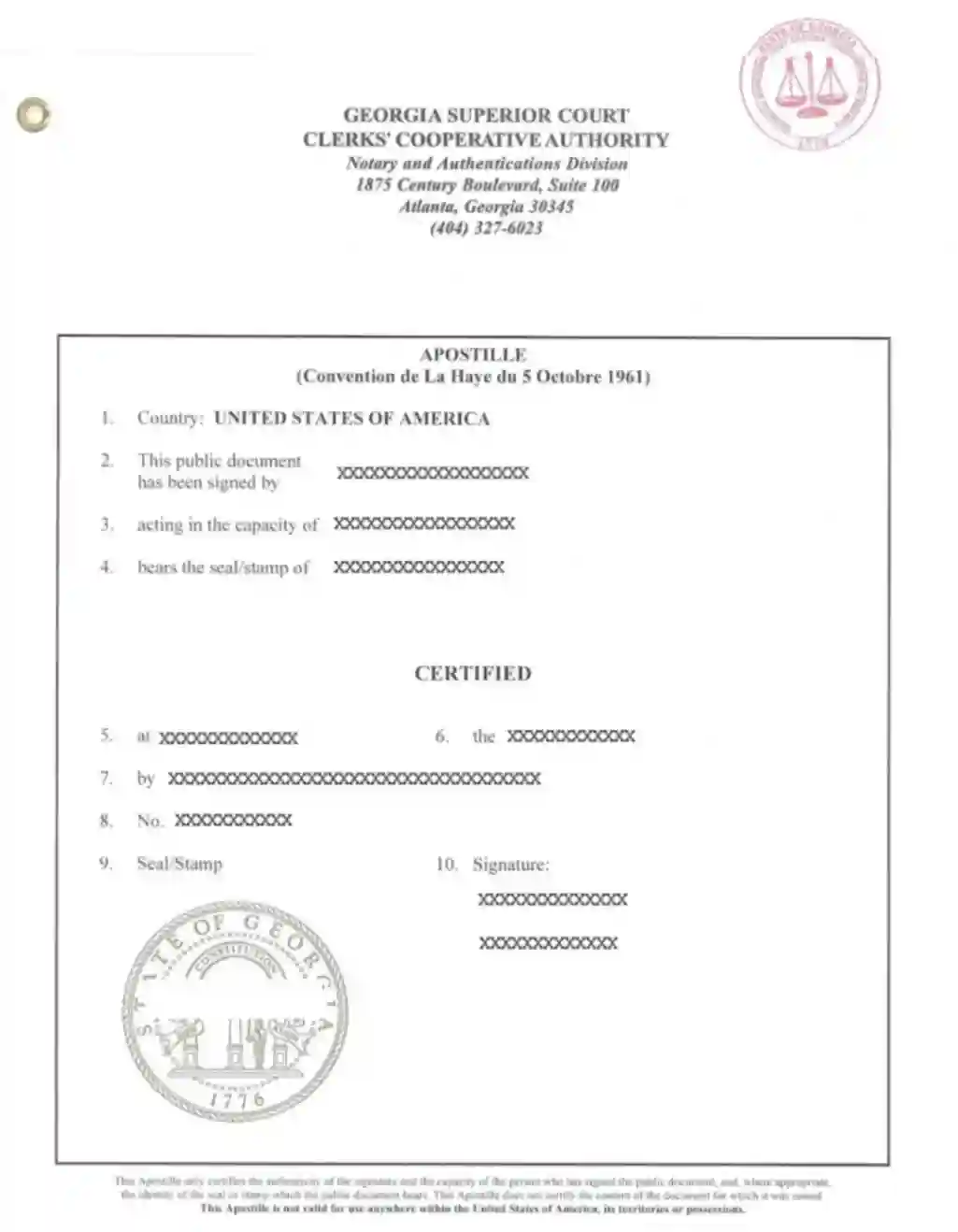 Georgia Degree Certificate Apostille Sample