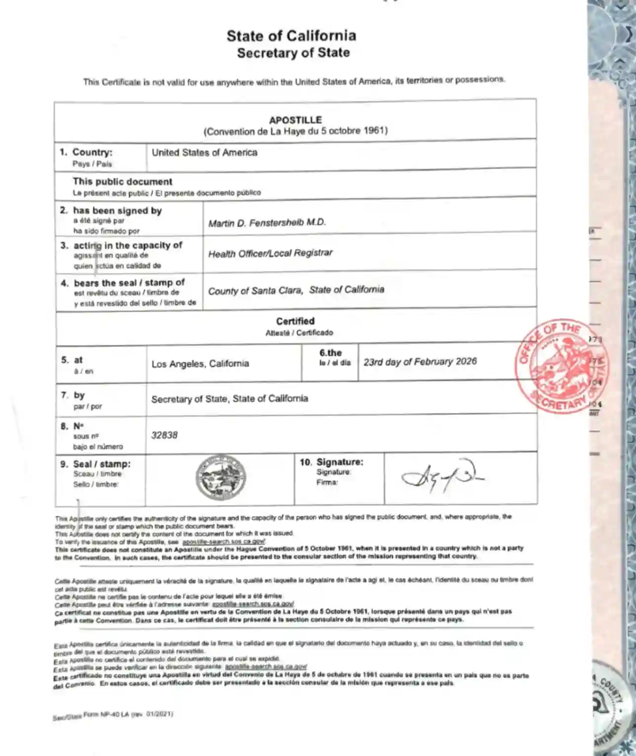 California Degree Certificate Apostille Sample