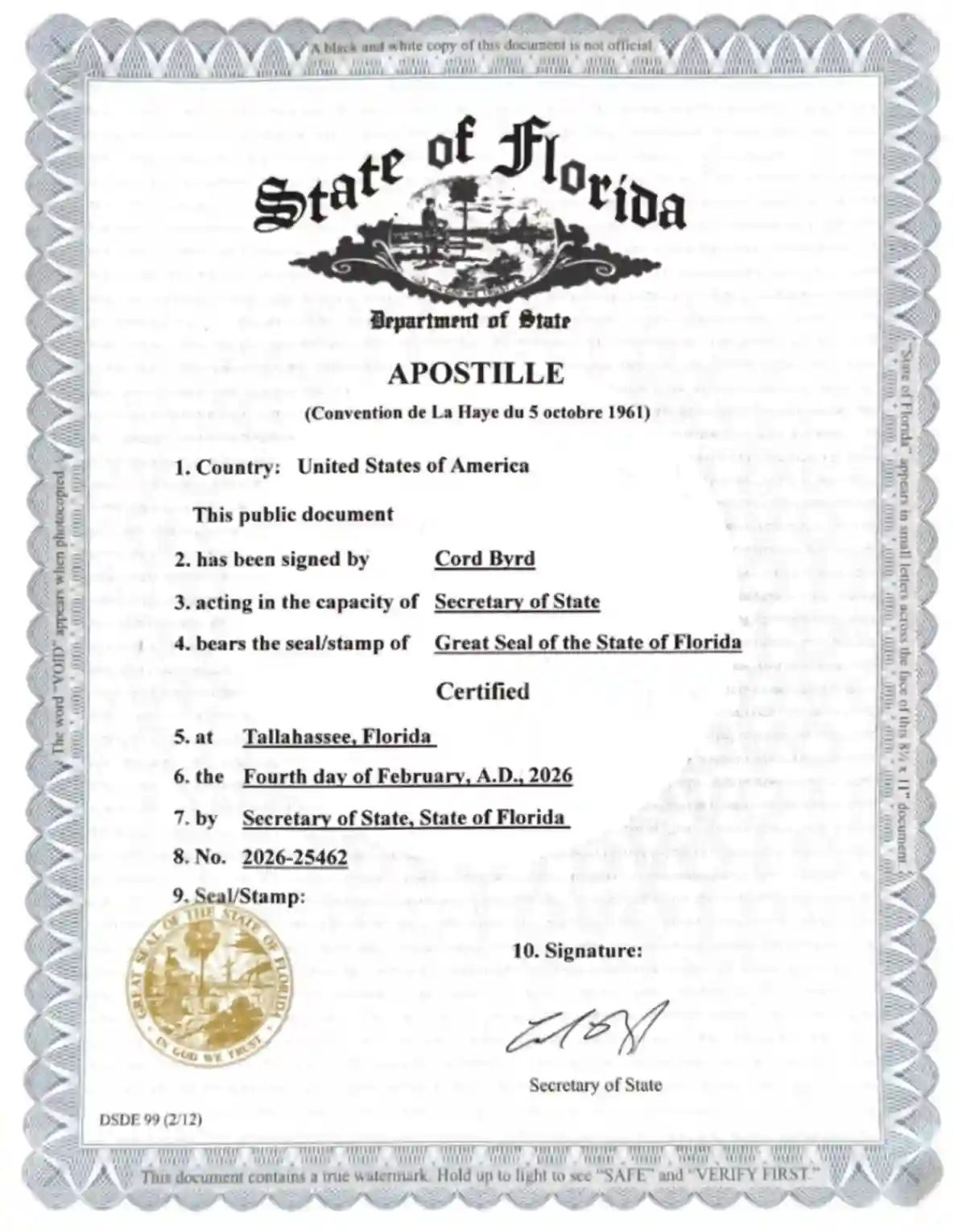 Florida Degree Certificate Apostille Sample